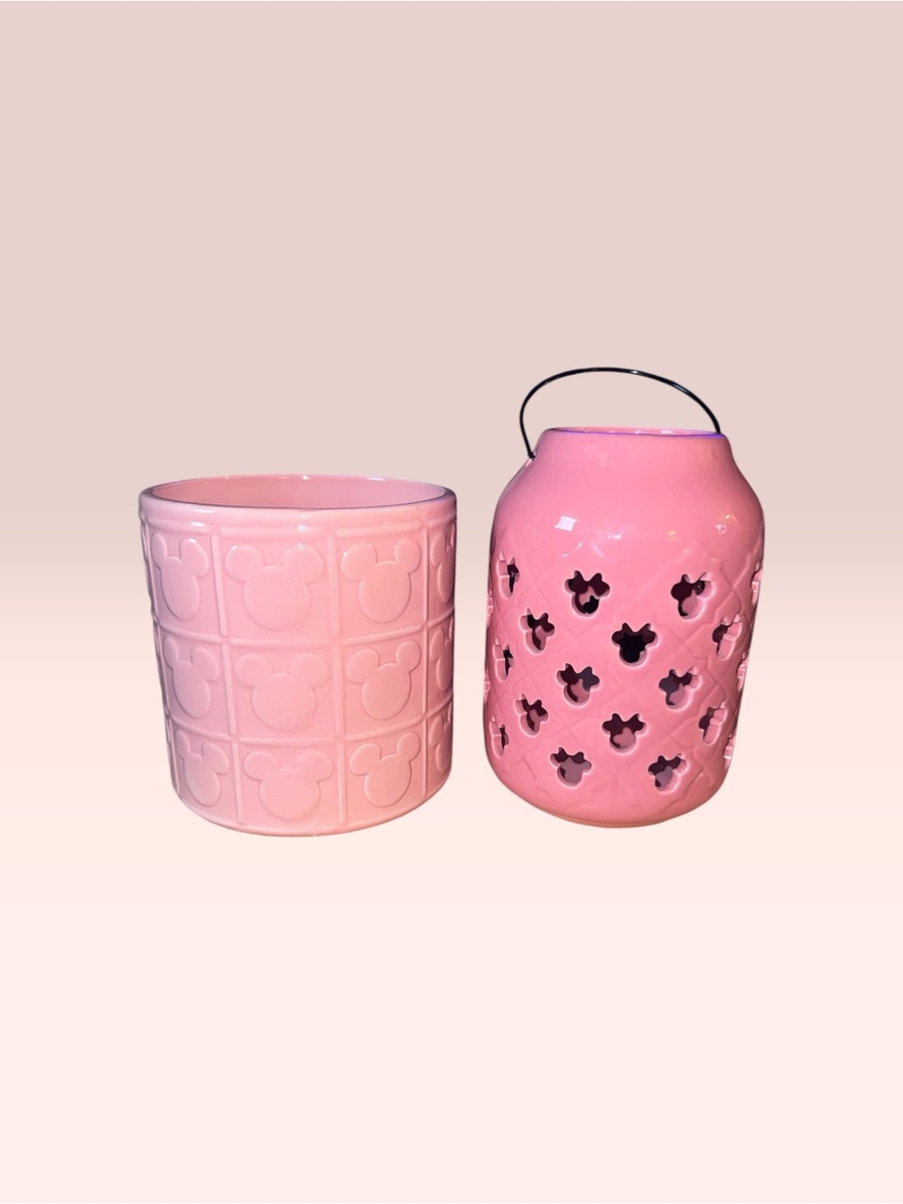 Disney Mickey Mouse Pink Ceramic Planter & Lantern Candle Holder Set
